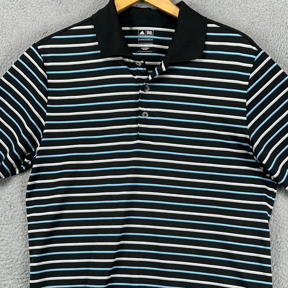 Adidas Puremotion Mens Golf Polo Shirt Medium Blue Grey Striped Athletic Rugby